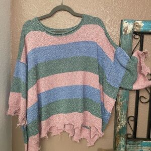Peach Love California Distressed Striped Sweater in Pink, Blue, and Green
